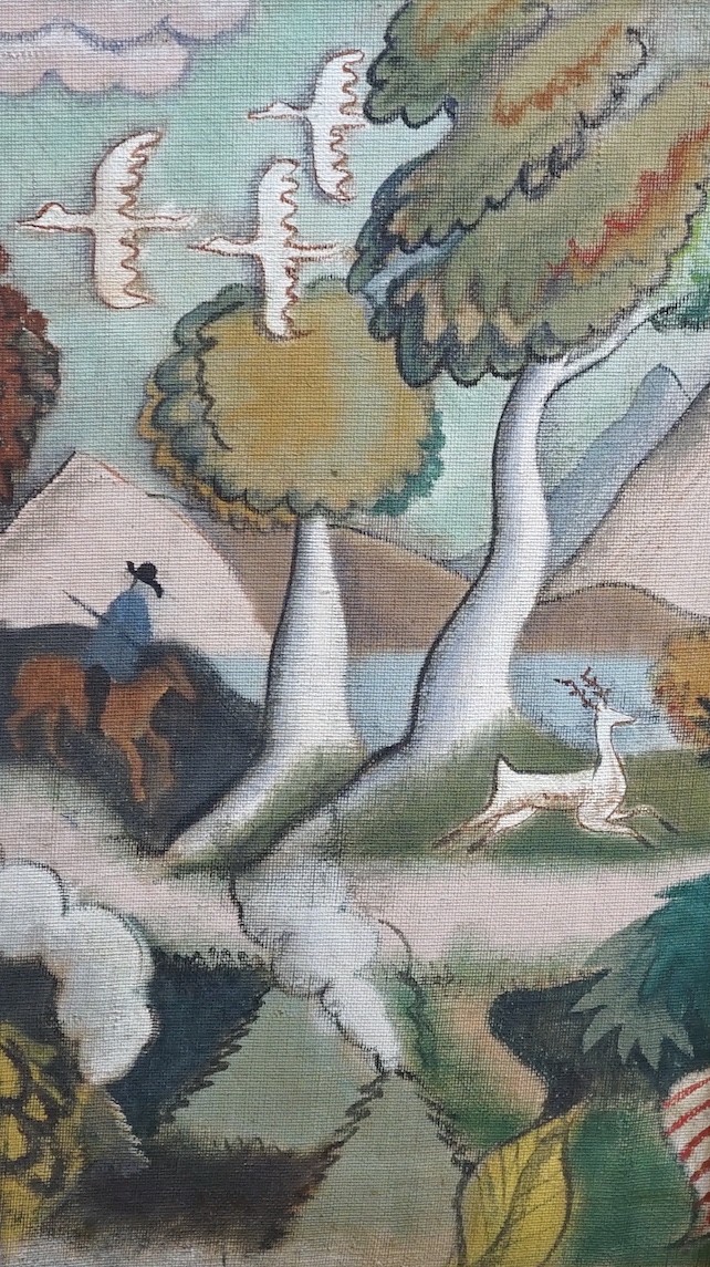 English School c.1930, oil on canvas fragment, Stag hunting scene, 37 x 21cm, unframed